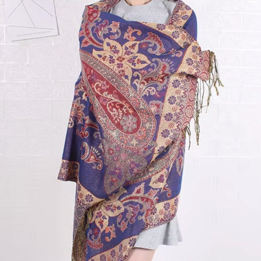 Sparkling Metallic Pashmina Scarf, Royal Blue Gold Shinny Shawl Wraps for Women